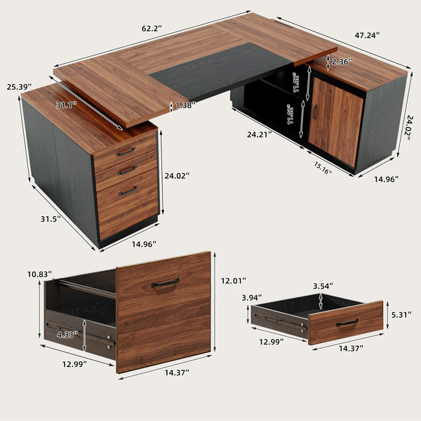 78-Inch L-Shaped Executive Desk with Storage Cabinet, Power Outlet & File Cabinet