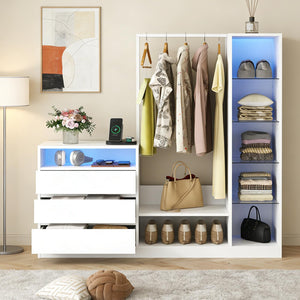 LED Wardrobe with Hanging Rod, Drawers & Charging Station