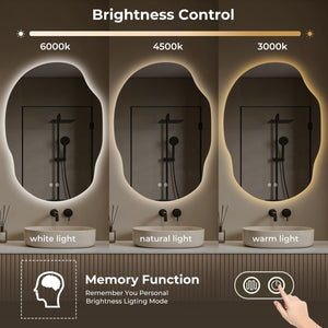 LED Backlit Bathroom Vanity Mirror – Irregular Asymmetrical Design, Anti-Fog, Dimmable 3-Color Lighting