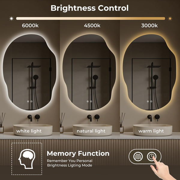 LED Backlit Bathroom Vanity Mirror – Irregular Asymmetrical Design, Anti-Fog, Dimmable 3-Color Lighting