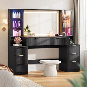 Large Makeup Vanity Desk with LED Mirror, 8 Drawers & Charging Station