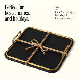 Vegan Leather Decorative Tray with Brushed Brass Handles