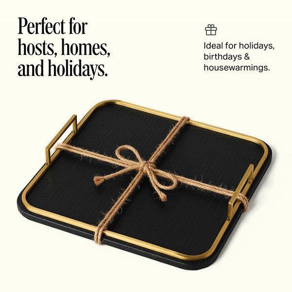 Vegan Leather Decorative Tray with Brushed Brass Handles