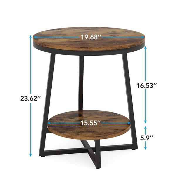 2-Tier Round Industrial End Table with Storage Shelf
