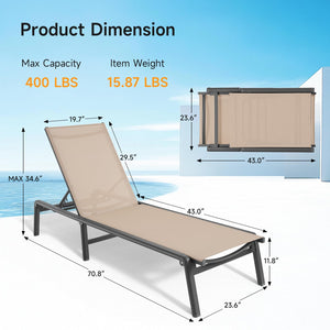 Folding Aluminum Outdoor Chaise Lounge Chair with 5-Position Adjustable Backrest