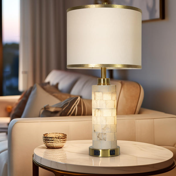Alabaster Table Lamps Set of 2 with USB Ports, Night Light & Linen Shade
