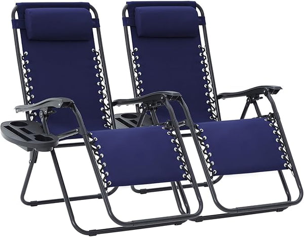 Oversized Zero Gravity Lounge Chairs Set of 2 with Pillows & Cup Holder Trays