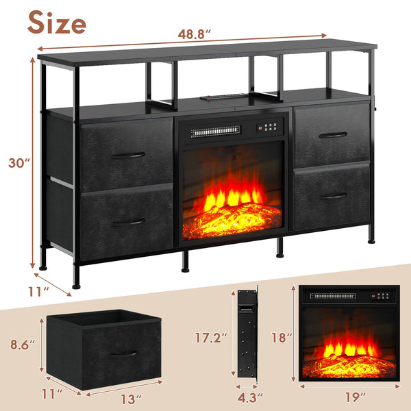 Fireplace TV Stand with Fabric Drawers, LED Lights & Power Outlets