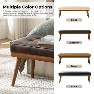 55.5" Genuine Leather Tufted Bench with Solid Wood Legs