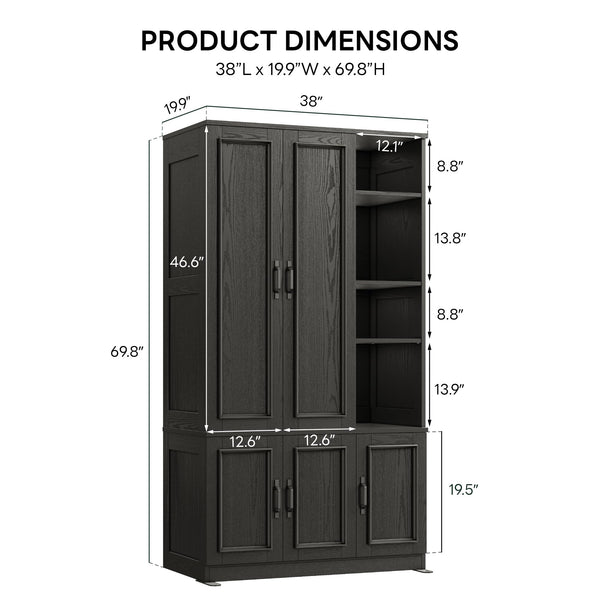 70" 5-Door Wooden Wardrobe with Shelves & Hanging Rod