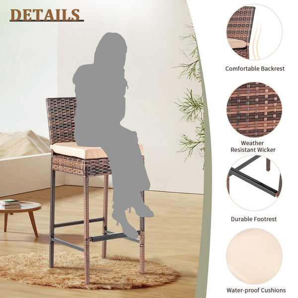 Outdoor Wicker Bar Stools Set of 2 with Cushions