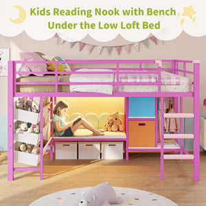 Twin Size Low Loft Bed with LED Lights, Bookshelf & Storage