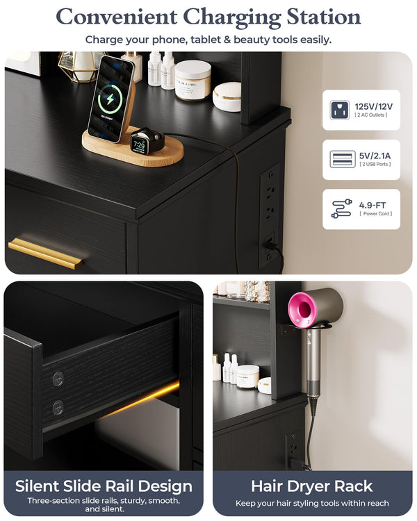 Vanity Desk with LED Mirror & Sliding Mirror