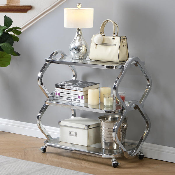 Chrome Bar Cart with Wheels & Glass Shelves