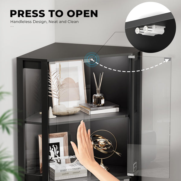 Corner Display Cabinet with LED Lights, 4-Tier Glass Curio Cabinet with Human Sensor, 65"H
