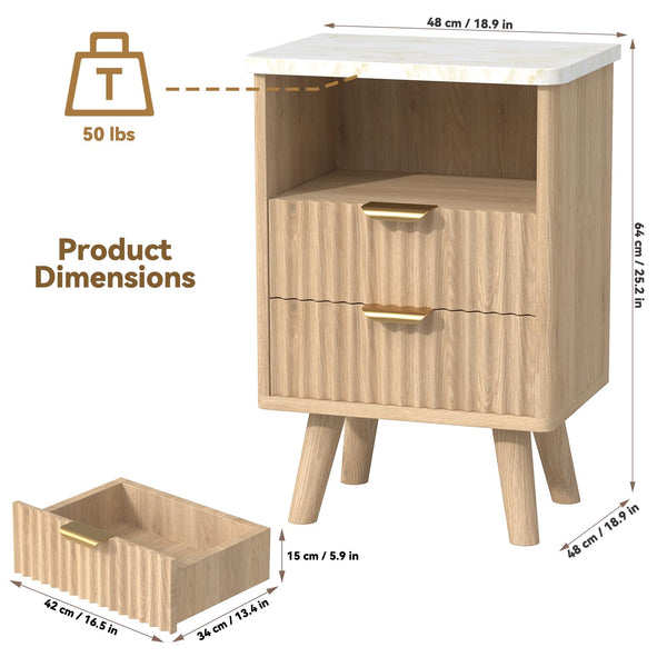 Fluted Nightstand Set of 2 with Drawer & Open Shelf — Oak
