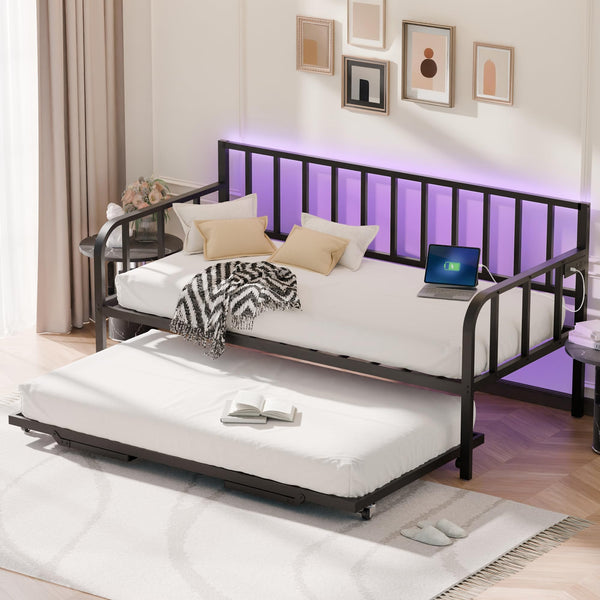 Twin to King Pop-Up Trundle Daybed with LED Lights & Charging Station