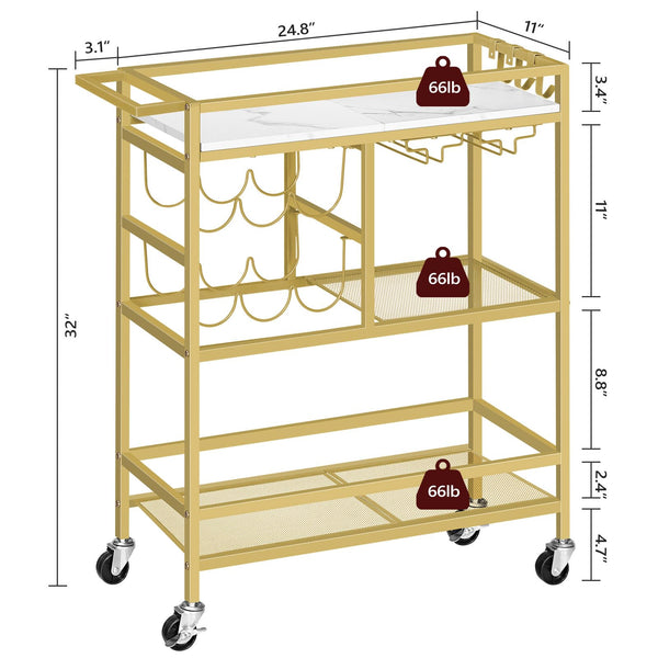 3-Tier Rolling Bar Cart with Wine Rack and Glass Holders