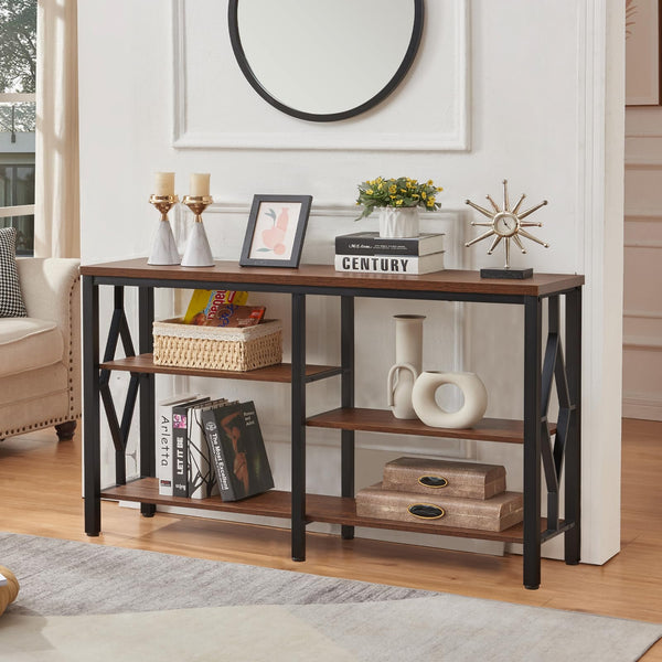 Industrial Console Table with Open Shelves – 47 Inch, Brown