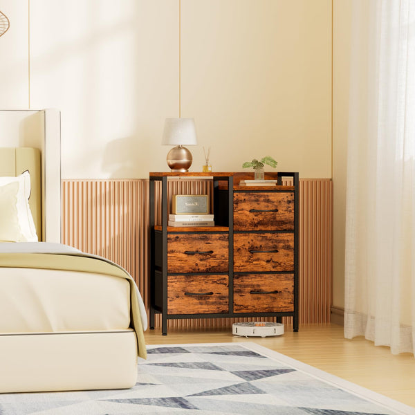 5-Drawer Fabric Dresser with 2-Tier Shelf