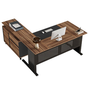 L-Shaped Executive Desk with File Cabinet and Storage Shelves