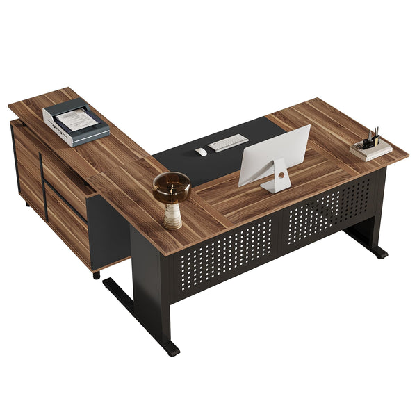 L-Shaped Executive Desk with File Cabinet and Storage Shelves
