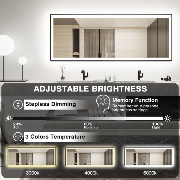 96x36 Large LED Bathroom Mirror with Front & Backlit, Anti-Fog, Dimmable, 3 Color Temperatures
