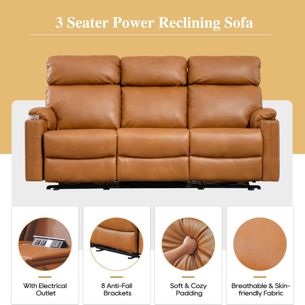 3-Seat Power Recliner Sofa with Hidden Console & USB Charging
