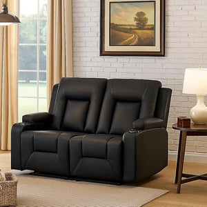Black Faux Leather Recliner Sofa Set with Cup Holders