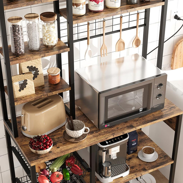 Baker's Rack with Power Outlet & Wire Basket, 7-Tier Kitchen Storage Shelf