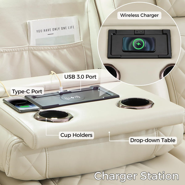 Power Recliner Sofa with Adjustable Headrest & LED Lights