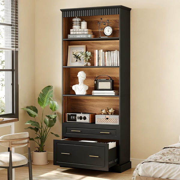 72-Inch Tall Narrow Bookshelf with 2 Drawers, 5-Tier Floor Standing Bookcase