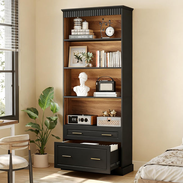 72-Inch Tall Narrow Bookshelf with 2 Drawers, 5-Tier Floor Standing Bookcase