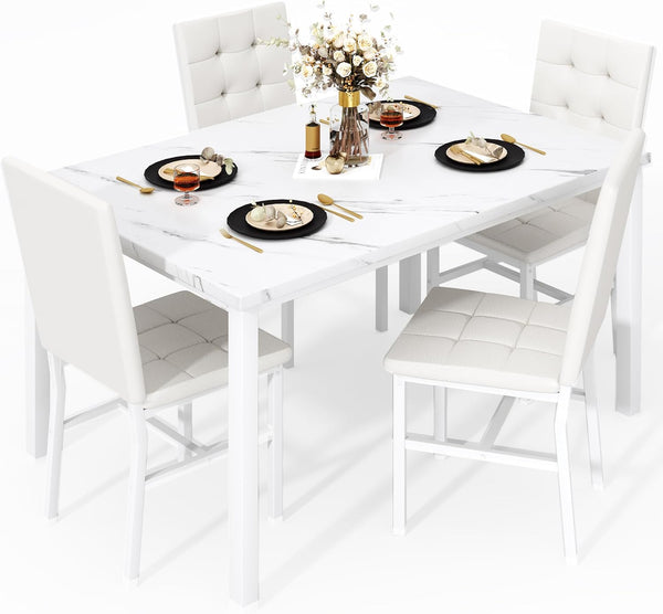 Faux Marble Dining Table Set for 4 with Velvet Chairs