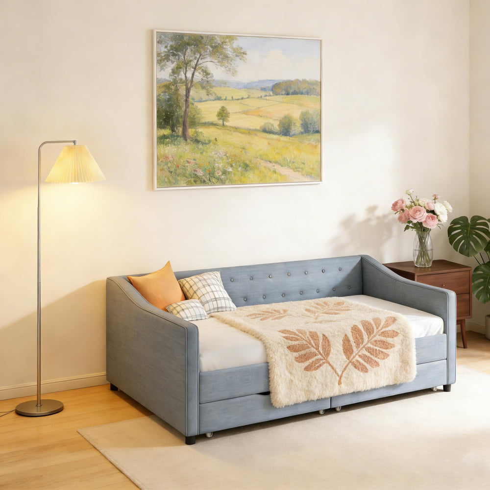 Upholstered Daybed with Storage Drawers | Linen Sofa Bed Twin & Full