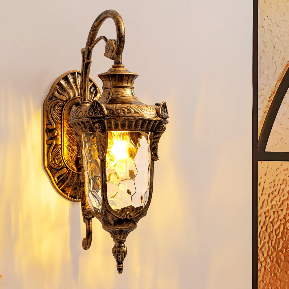 Rustic Outdoor Wall Sconce Lantern – Antique Bronze Wrought Iron with Hammered Glass
