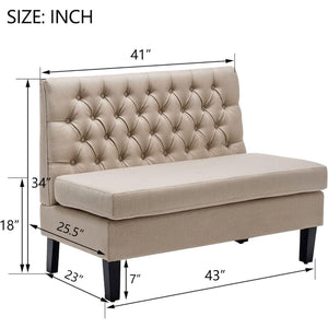 Mid-Century Modern Upholstered Settee Bench – Linen Fabric, Button Tufted, Khaki