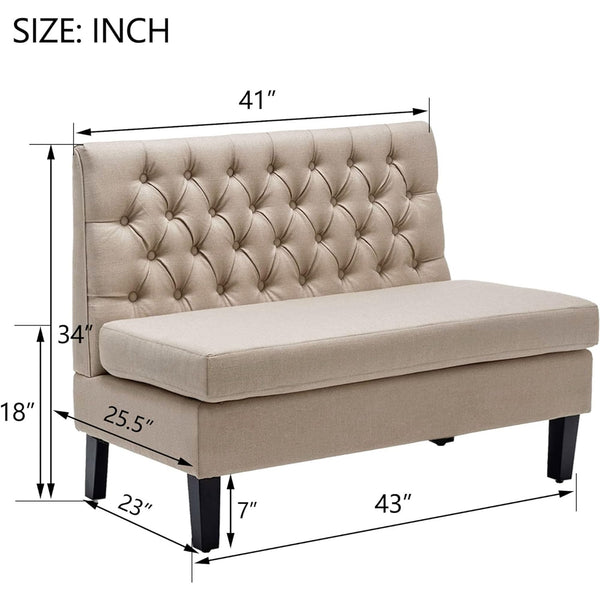 Mid-Century Modern Upholstered Settee Bench – Linen Fabric, Button Tufted, Khaki