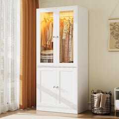 Wardrobe Closet with Glass Doors, LED Lighting & Drawers