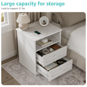 White Wooden Nightstand with LED Lights & Charging Station
