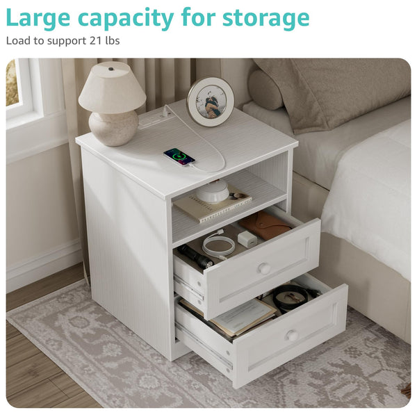 White Wooden Nightstand with LED Lights & Charging Station