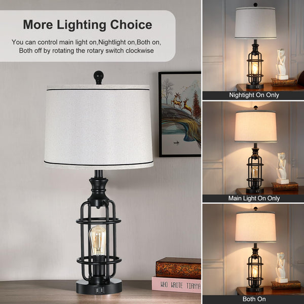 Farmhouse Table Lamp Set of 2 with USB Charging Ports & Rotary Switch
