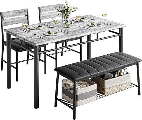 4-Piece Dining Table Set with Bench and 2 Upholstered Chairs