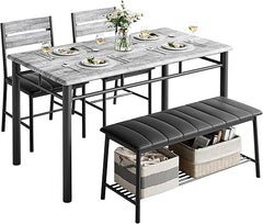 4-Piece Industrial Dining Table Set with Upholstered Bench and 2 Chairs