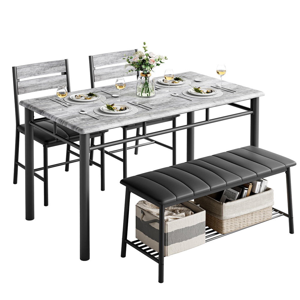 4-Piece Industrial Dining Table Set with Upholstered Bench and 2 Chairs