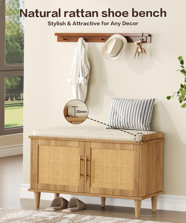 Rattan Shoe Storage Bench with Cushion & Adjustable Shelves
