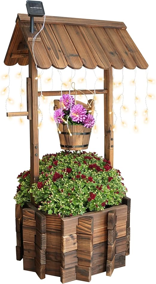 Rustic Wooden Garden Planter Wagon & Wishing Well