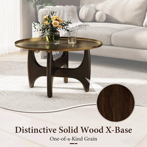 Round Coffee Table with Metal Tray Top & Wood X-Base