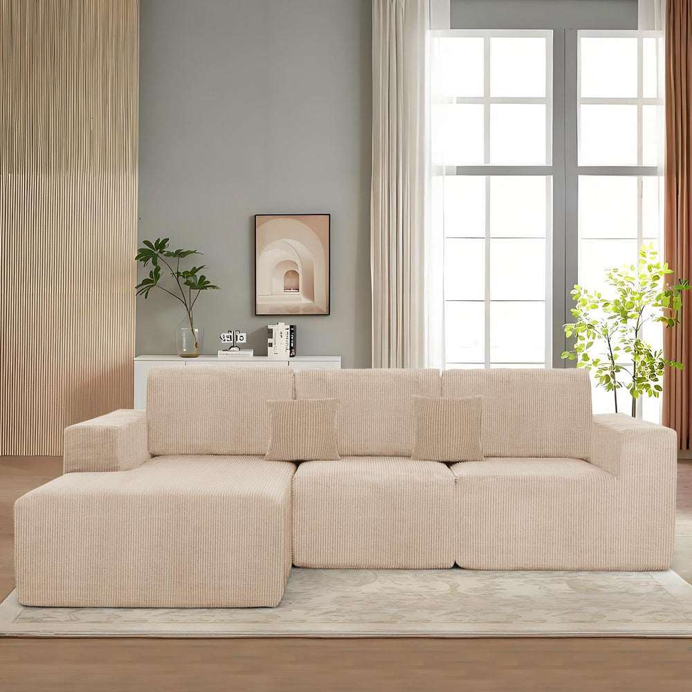 3-Piece Modular Sectional Sofa – Corduroy Cloud Couch with Deep Seating