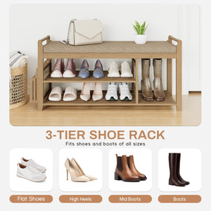 Bamboo Entryway Shoe Bench with Cushion and Side Holder